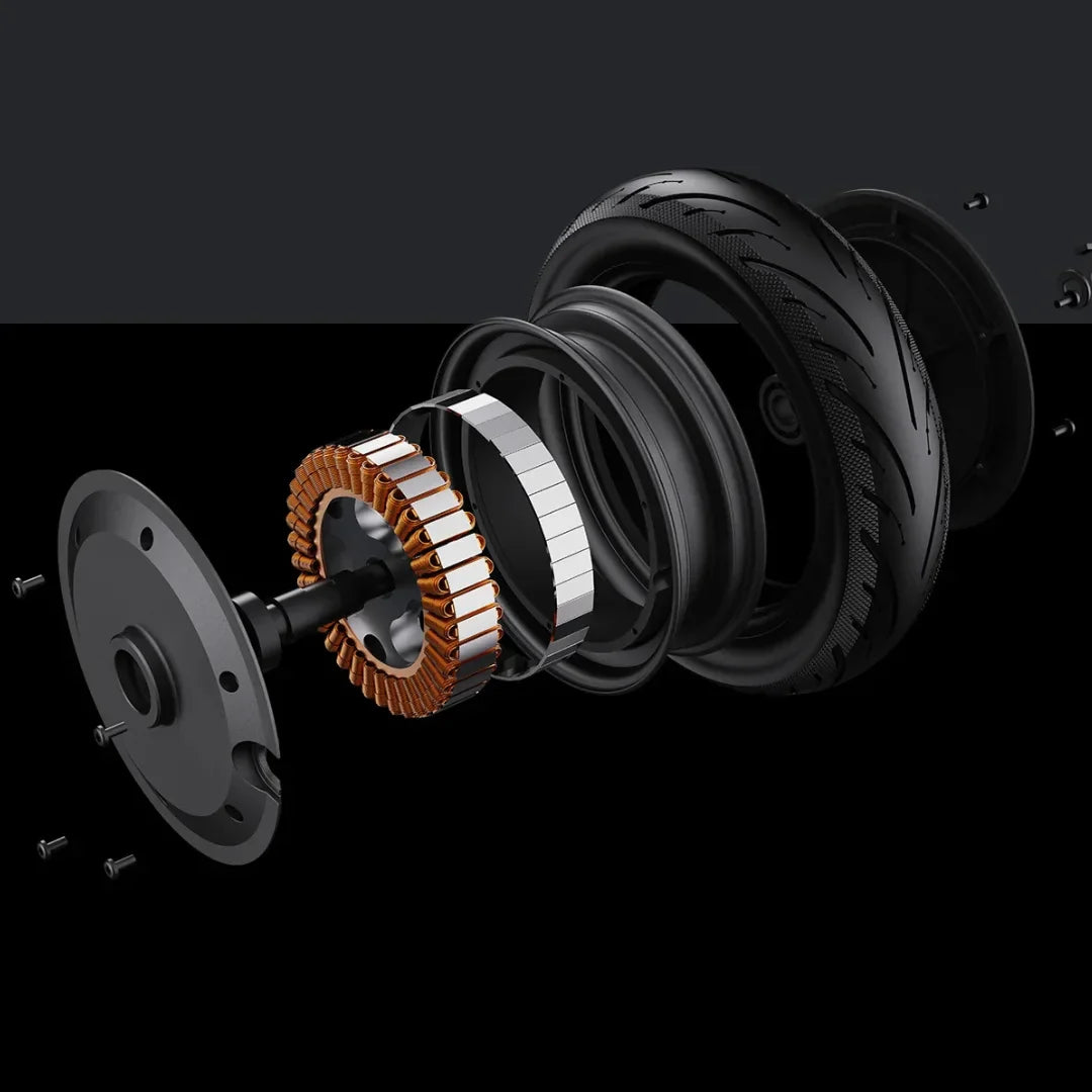 Electric Scooter Xiaomi Elite features an exploded view of its innovative wheel design, showcasing key components.