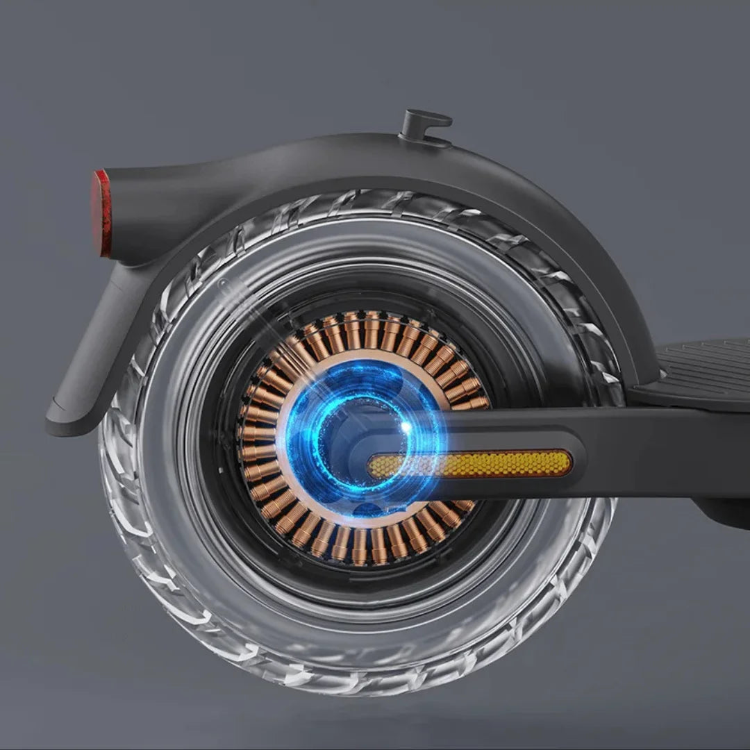 Electric Scooter Xiaomi Elite features a sleek, transparent wheel design showcasing advanced technology, illuminating details.