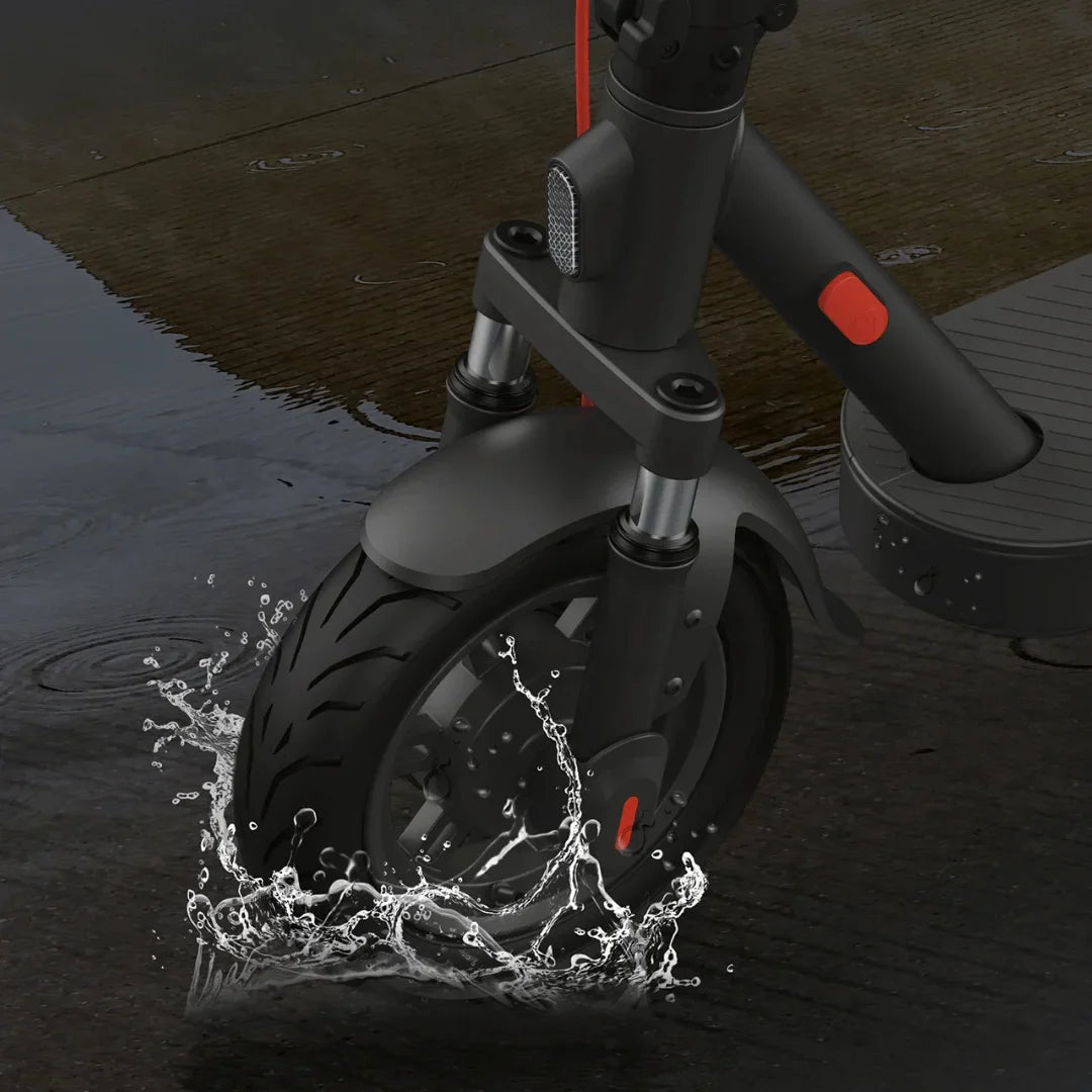Electric Scooter Xiaomi Elite, featuring a durable wheel splashing through water, showcasing its robust design.