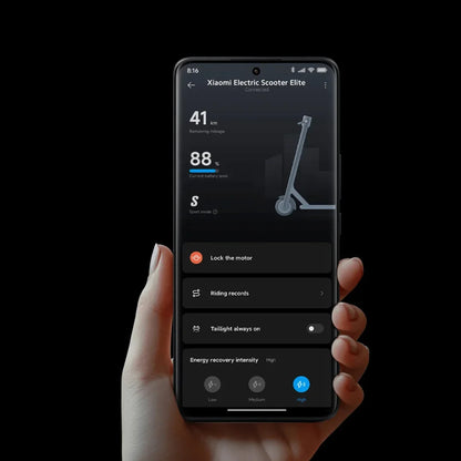 Xiaomi Electric Scooter Elite app interface showing mileage, battery level, and settings options.