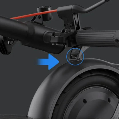 Electric Scooter Xiaomi Elite features a robust design, showcasing a detailed view of its handlebar and rear wheel.