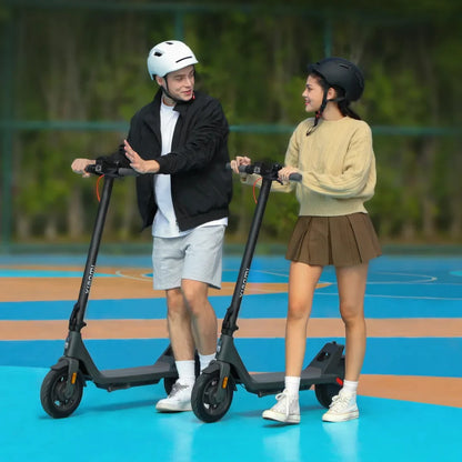 Electric Scooter Xiaomi 4 Lite 2nd Gen, two riders enjoying scooters on a vibrant court, wearing helmets.