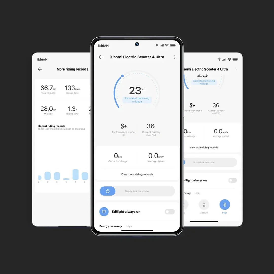 Electric Scooter Xiaomi 4 Ultra, smartphone interface showing mileage, battery level, performance mode, and settings.