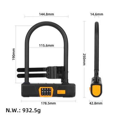Black U-lock with numerical combination for electric bicycle or scooter