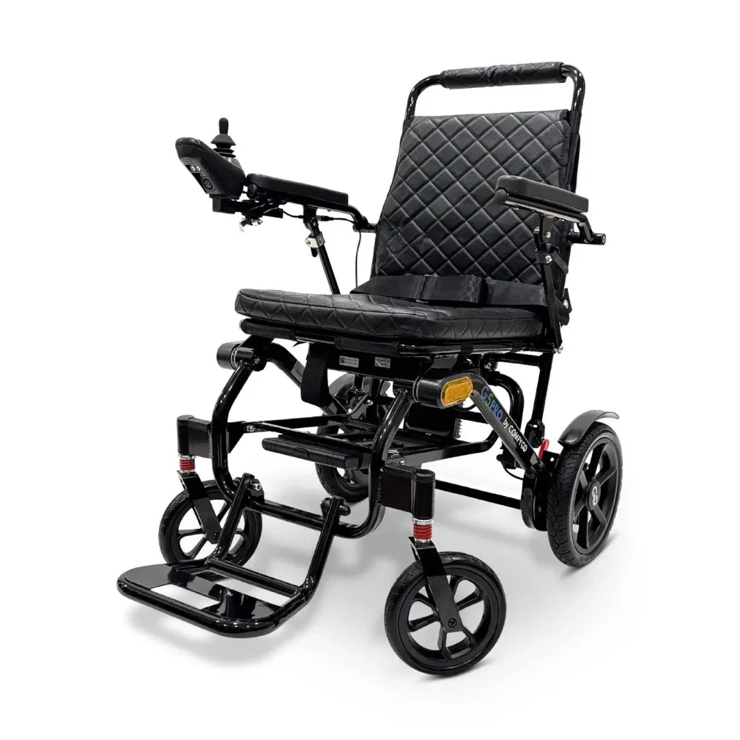 Electric wheelchair ComfyGO G5 / G5 Pro – front quarter view of black chair unfolded with joystick controller