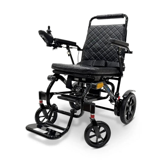 Electric wheelchair ComfyGO G5 / G5 Pro – front quarter view of black chair unfolded with joystick controller