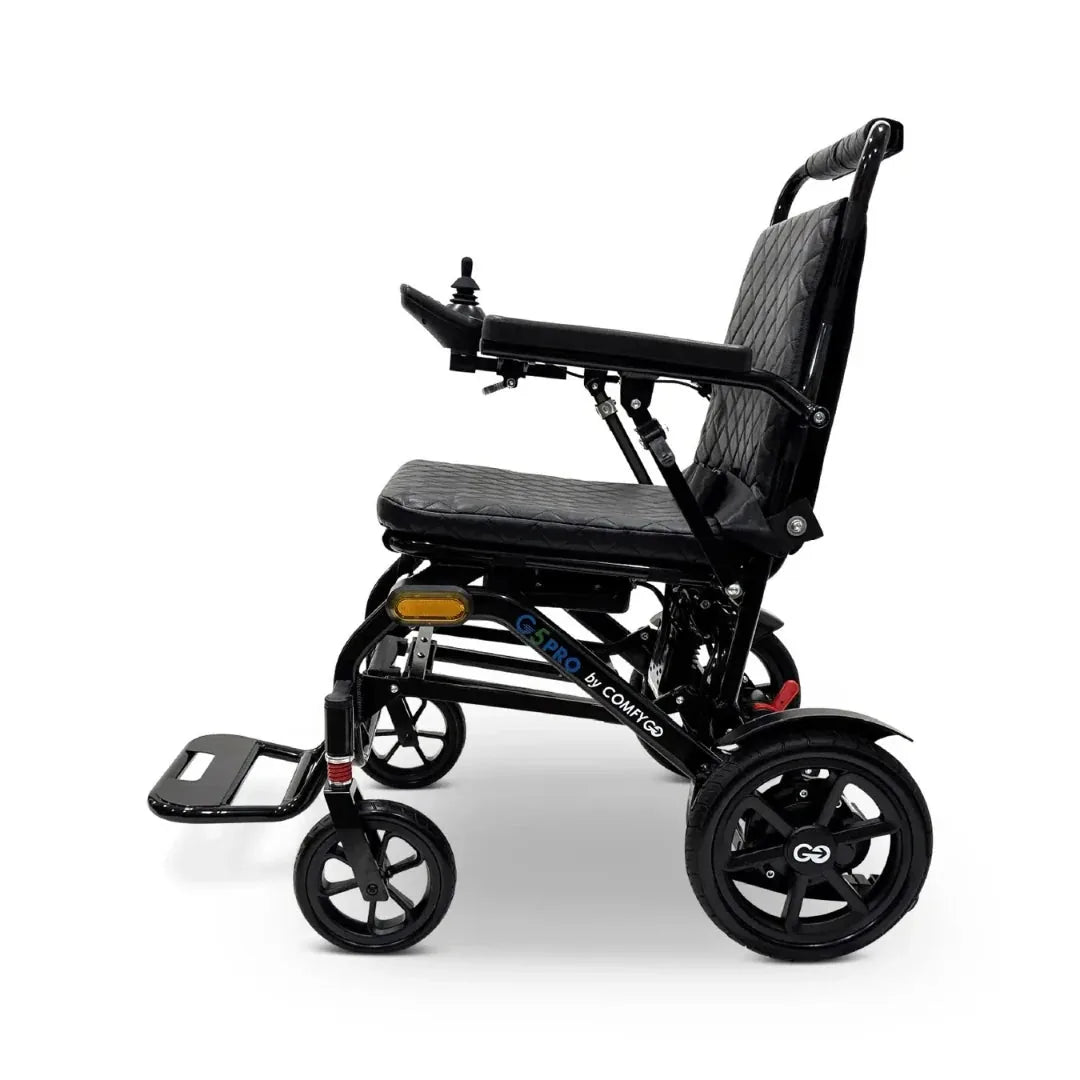 Electric wheelchair ComfyGO G5 / G5 Pro – side view of black chair unfolded with the ComfyGO logo