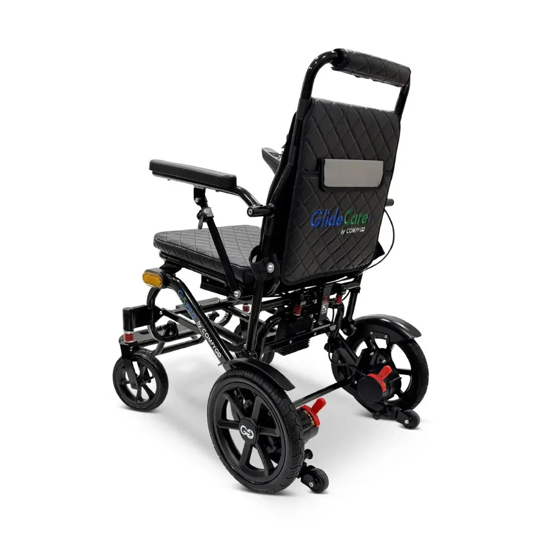 Electric wheelchair ComfyGO G5 / G5 Pro – rear quarter view of black chair unfolded, showing back wheels
