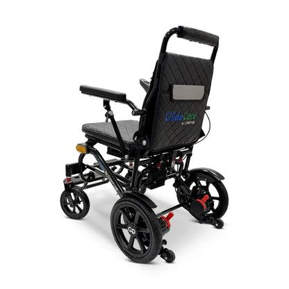 Electric wheelchair ComfyGO G5 / G5 Pro – rear quarter view of black chair unfolded, showing back wheels