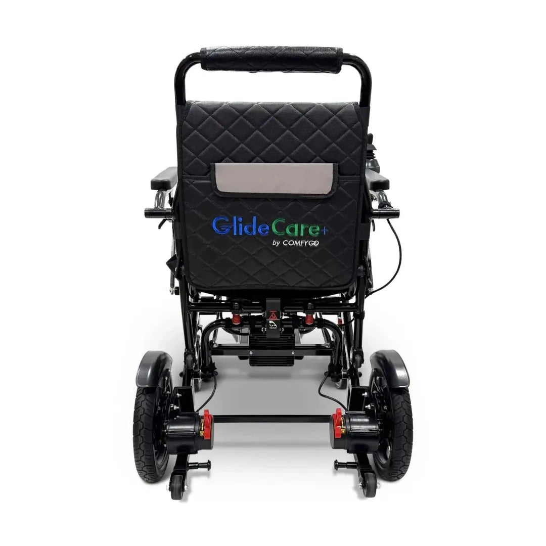 Electric wheelchair ComfyGO G5 / G5 Pro – rear view of black chair unfolded, showing backrest and wheels