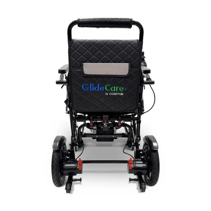 Electric wheelchair ComfyGO G5 / G5 Pro – rear view of black chair unfolded, showing backrest and wheels