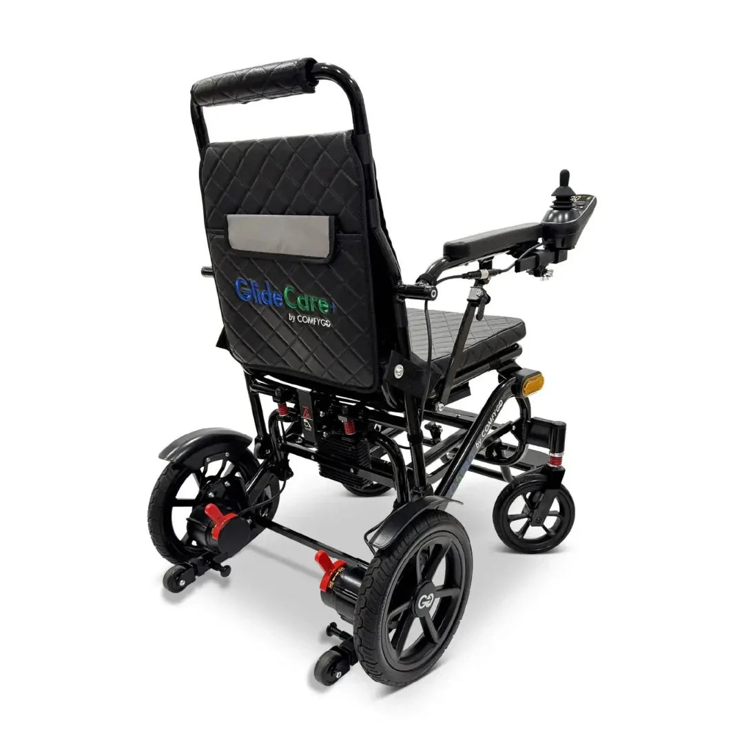 Electric wheelchair ComfyGO G5 / G5 Pro – rear quarter view of black chair unfolded, showing the backrest
