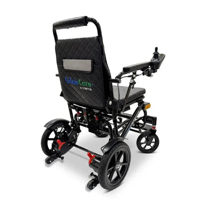 Electric wheelchair ComfyGO G5 / G5 Pro – rear quarter view of black chair unfolded, showing the backrest