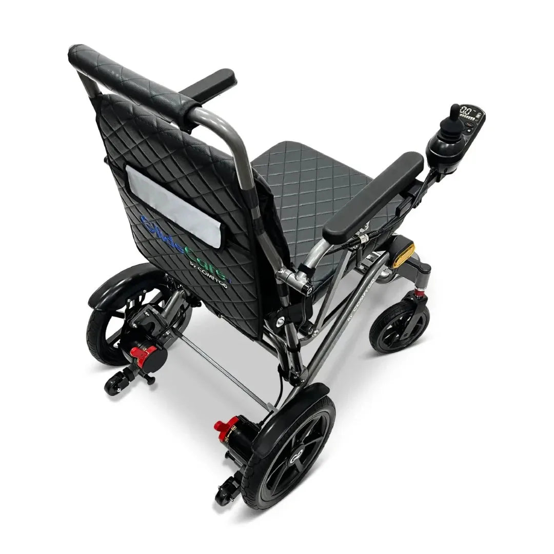 Electric wheelchair ComfyGO G5 / G5 Pro – top-down rear quarter view of black chair unfolded