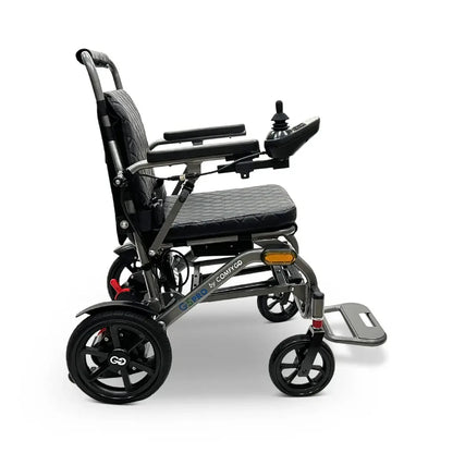 Electric wheelchair ComfyGO G5 / G5 Pro – side view of black chair unfolded, showing front and rear wheels