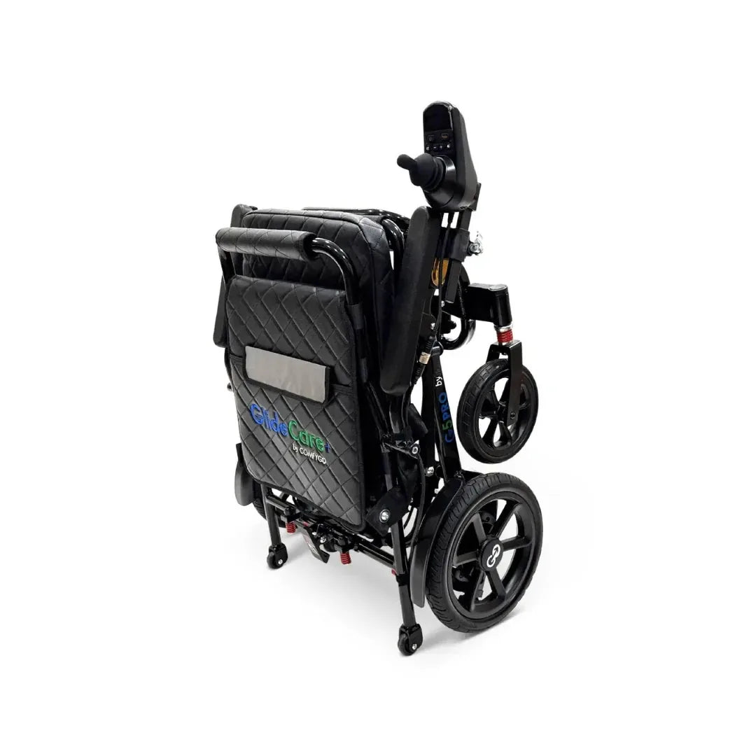 Electric wheelchair ComfyGO G5 / G5 Pro – side view of black chair folded compactly, standing upright