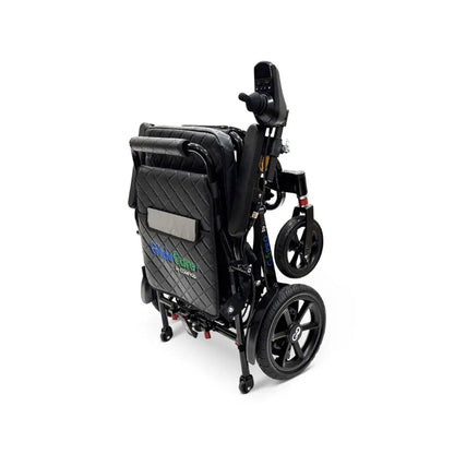 Electric wheelchair ComfyGO G5 / G5 Pro – side view of black chair folded compactly, standing upright