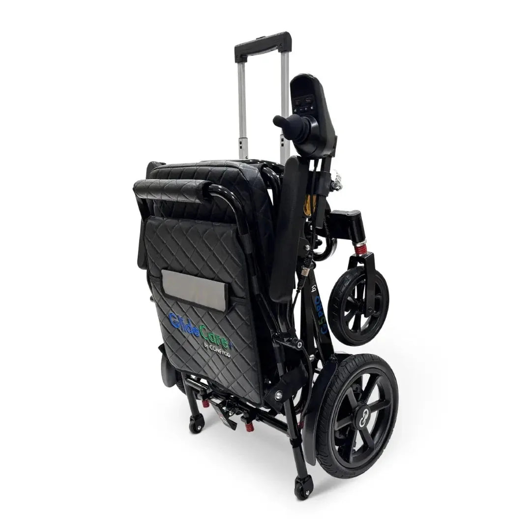 Electric wheelchair ComfyGO G5 / G5 Pro – side view of black chair folded, with an extended handle