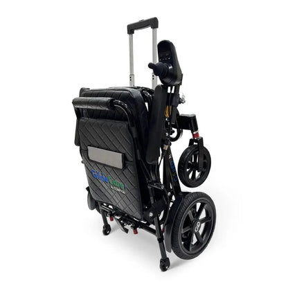 Electric wheelchair ComfyGO G5 / G5 Pro – side view of black chair folded, with an extended handle