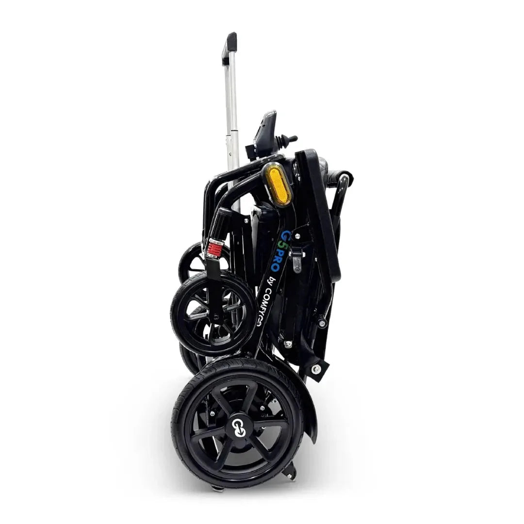 Electric wheelchair ComfyGO G5 / G5 Pro – side view of black chair folded, showing its compact profile