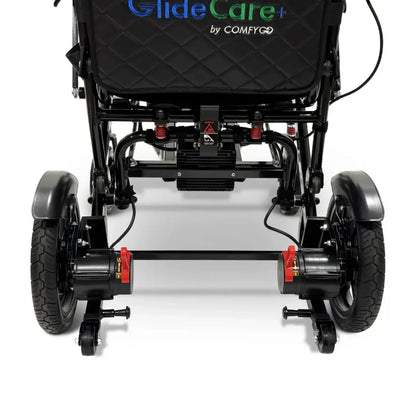 Electric wheelchair ComfyGO G5 / G5 Pro – rear view of the chair chassis, large wheels, and motor