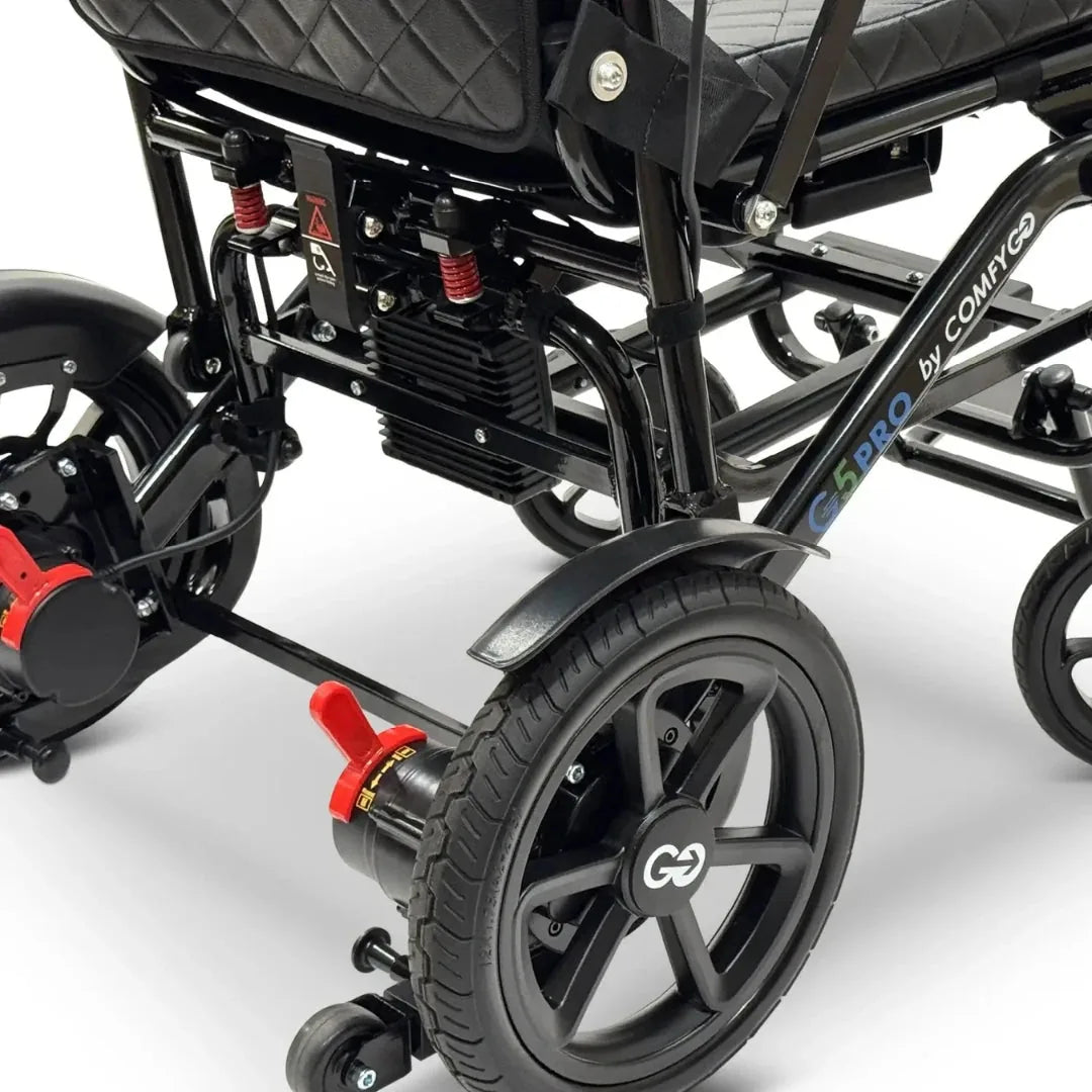 Electric wheelchair ComfyGO G5 / G5 Pro – detailed view of the right rear wheel, motor, and suspension