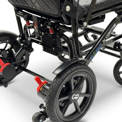 Electric wheelchair ComfyGO G5 / G5 Pro – detailed view of the right rear wheel, motor, and suspension