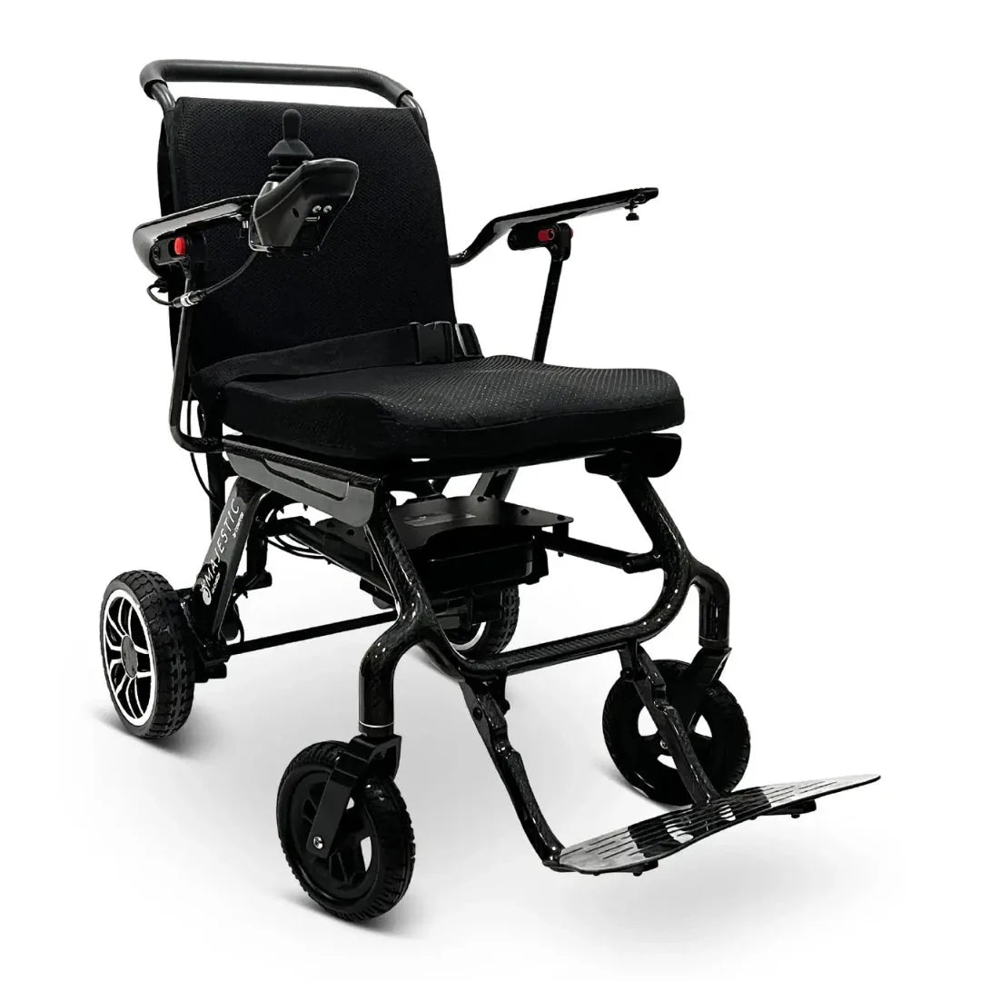 Electric wheelchair ComfyGO IQ-Carbon – front quarter view, unfolded, with joystick control on left armrest