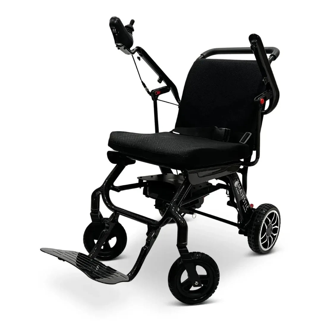 Electric wheelchair ComfyGO IQ-Carbon – right quarter view, unfolded, with joystick control angled upwards