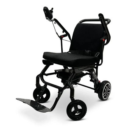 Electric wheelchair ComfyGO IQ-Carbon – right quarter view, unfolded, with joystick control angled upwards