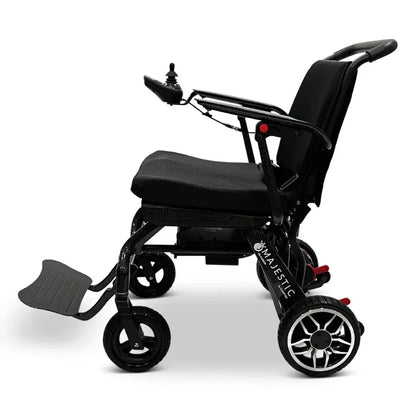 Electric wheelchair ComfyGO IQ-Carbon – side view, unfolded, showing ergonomic seat and footrest