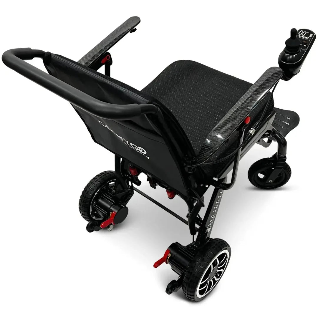 Electric wheelchair ComfyGO IQ-Carbon – top rear quarter view, unfolded, highlighting rear wheels and seat