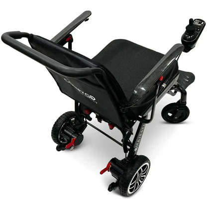 Electric wheelchair ComfyGO IQ-Carbon – top rear quarter view, unfolded, highlighting rear wheels and seat