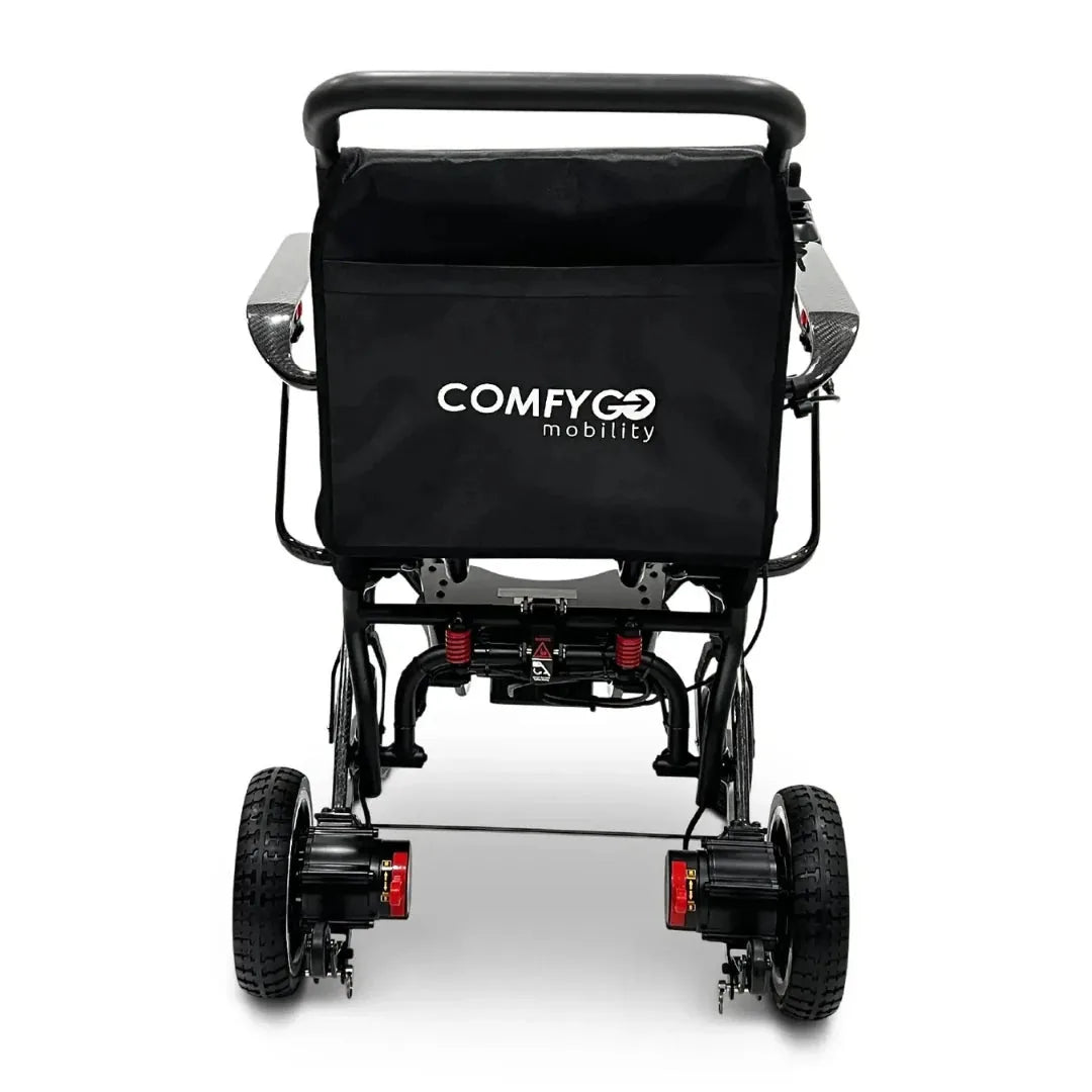 Electric wheelchair ComfyGO IQ-Carbon – rear view, unfolded, showing ComfyGO mobility logo on backrest