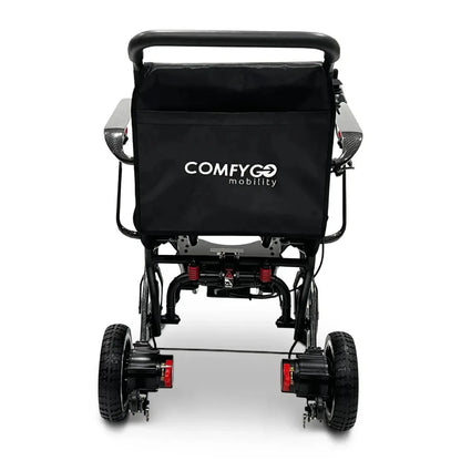 Electric wheelchair ComfyGO IQ-Carbon – rear view, unfolded, showing ComfyGO mobility logo on backrest