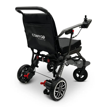 Electric wheelchair ComfyGO IQ-Carbon – rear quarter view, unfolded, showing joystick and rear wheel detail