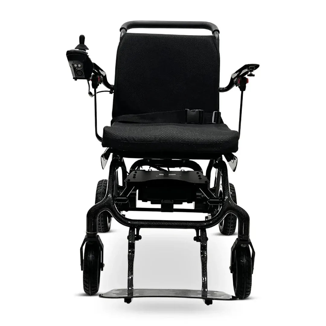 Electric wheelchair ComfyGO IQ-Carbon – front view, unfolded, showing seat, armrests, and footrest