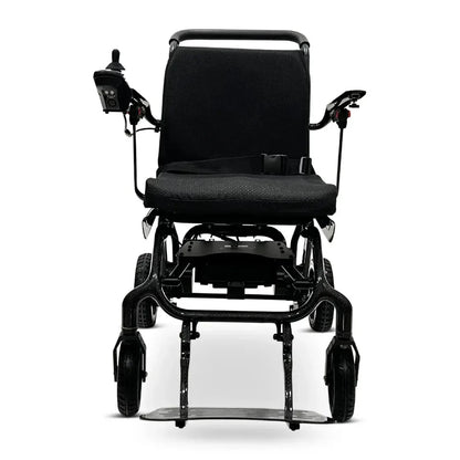 Electric wheelchair ComfyGO IQ-Carbon – front view, unfolded, showing seat, armrests, and footrest