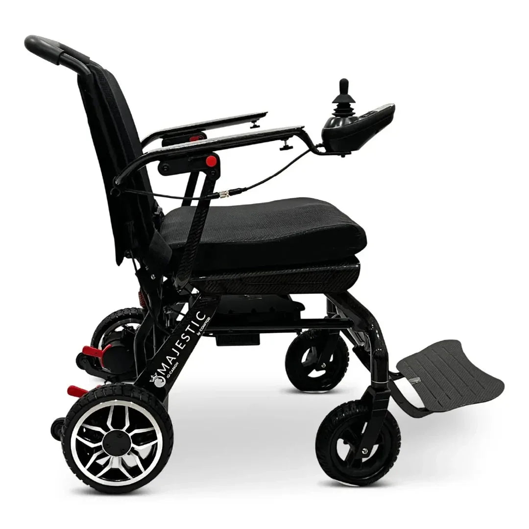 Electric wheelchair ComfyGO IQ-Carbon – side view, unfolded, showing footrest, wheels, and joystick control