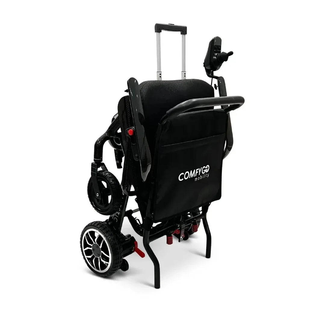 Electric wheelchair ComfyGO IQ-Carbon – folded, rear-left view, with extended handle and joystick