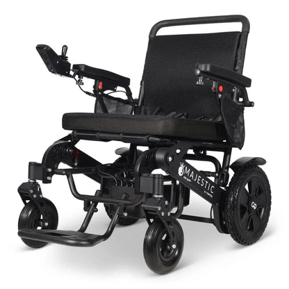 Electric wheelchair ComfyGO Majestic 440 HD Plus – front-left view, unfolded, with joystick controller and footrest