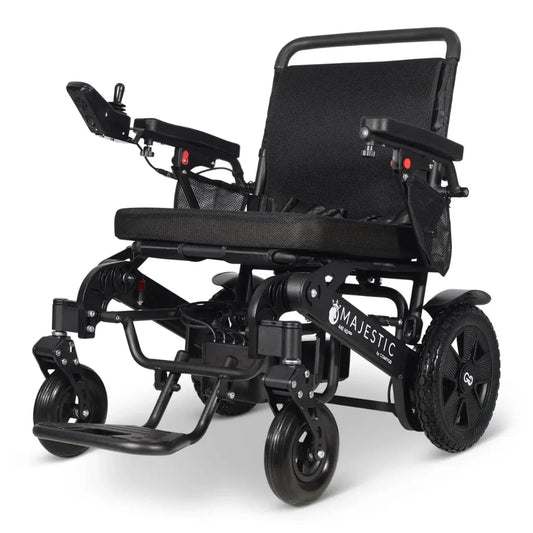 Electric wheelchair ComfyGO Majestic 440 HD Plus – front-left view, unfolded, with joystick controller and footrest