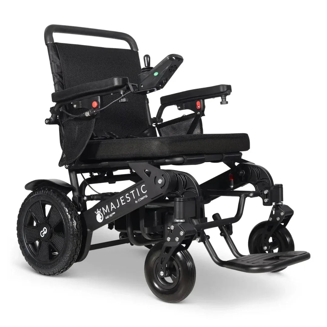 Electric wheelchair ComfyGO Majestic 440 HD Plus – front-right view, unfolded, with joystick controller and footrest