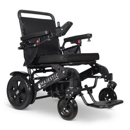 Electric wheelchair ComfyGO Majestic 440 HD Plus – front-right view, unfolded, with joystick controller and footrest