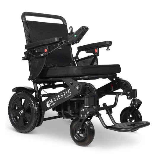Electric wheelchair ComfyGO Majestic 440 HD Plus – front-right view, unfolded, with joystick controller and footrest