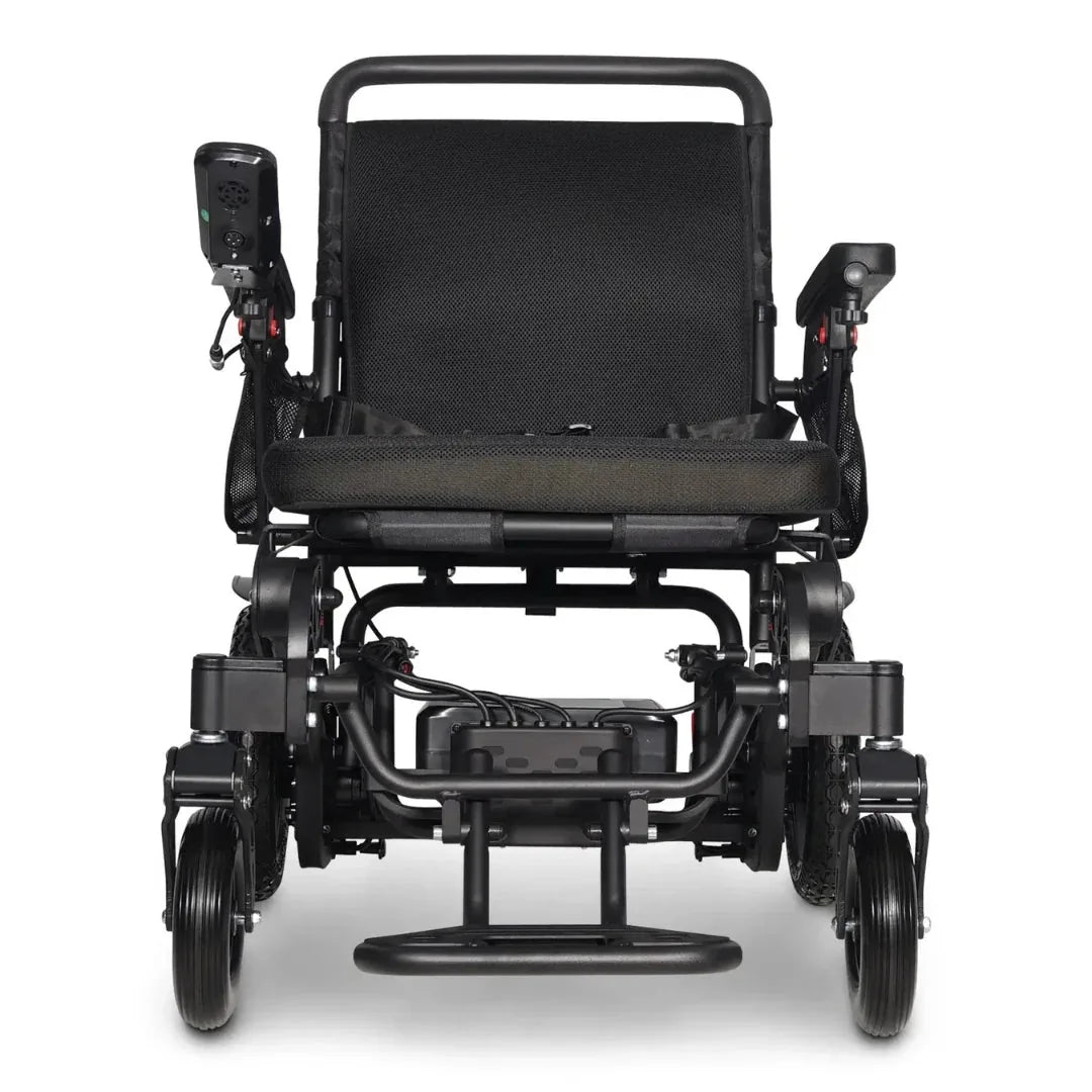Electric wheelchair ComfyGO Majestic 440 HD Plus – front view, unfolded, showing seat, armrests, and footrest