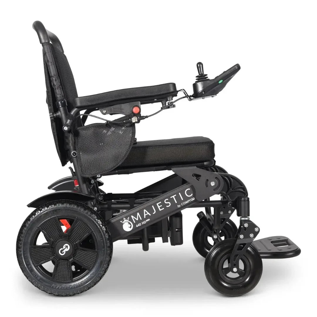 Electric wheelchair ComfyGO Majestic 440 HD Plus – right side view, unfolded, with joystick controller and footrest
