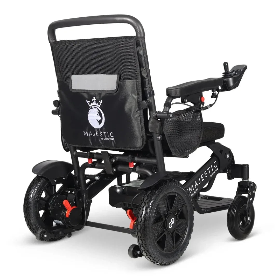 Electric wheelchair ComfyGO Majestic 440 HD Plus – rear-right view, unfolded, with storage pocket on backrest