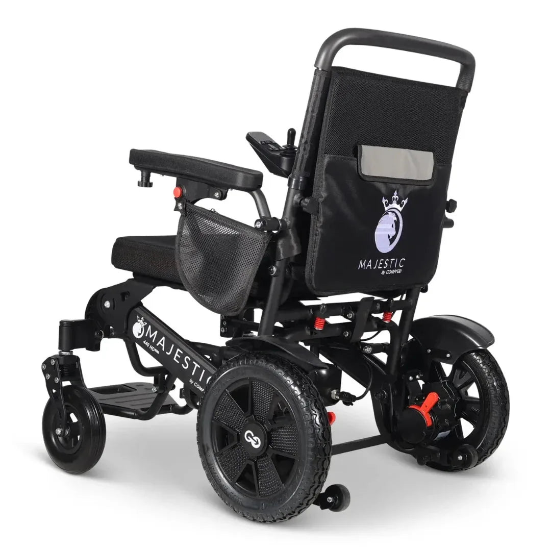 Electric wheelchair ComfyGO Majestic 440 HD Plus – rear-left view, unfolded, with storage pocket and mesh bag