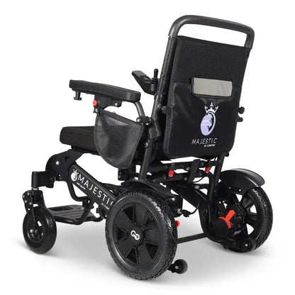 Electric wheelchair ComfyGO Majestic 440 HD Plus – rear-left view, unfolded, with storage pocket and mesh bag